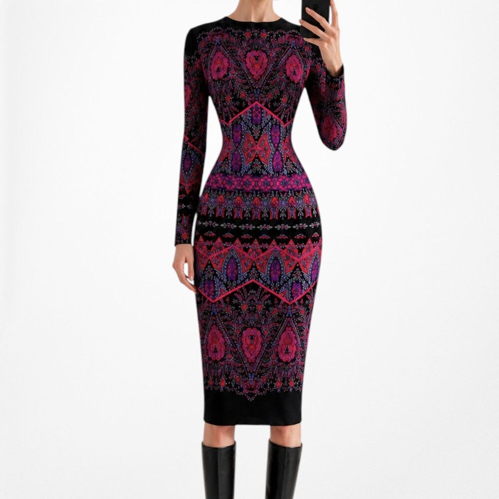 Vintage Y2K 90s Black Purple Long Sleeve Knit Bodycon Tribal Print Dress Size M